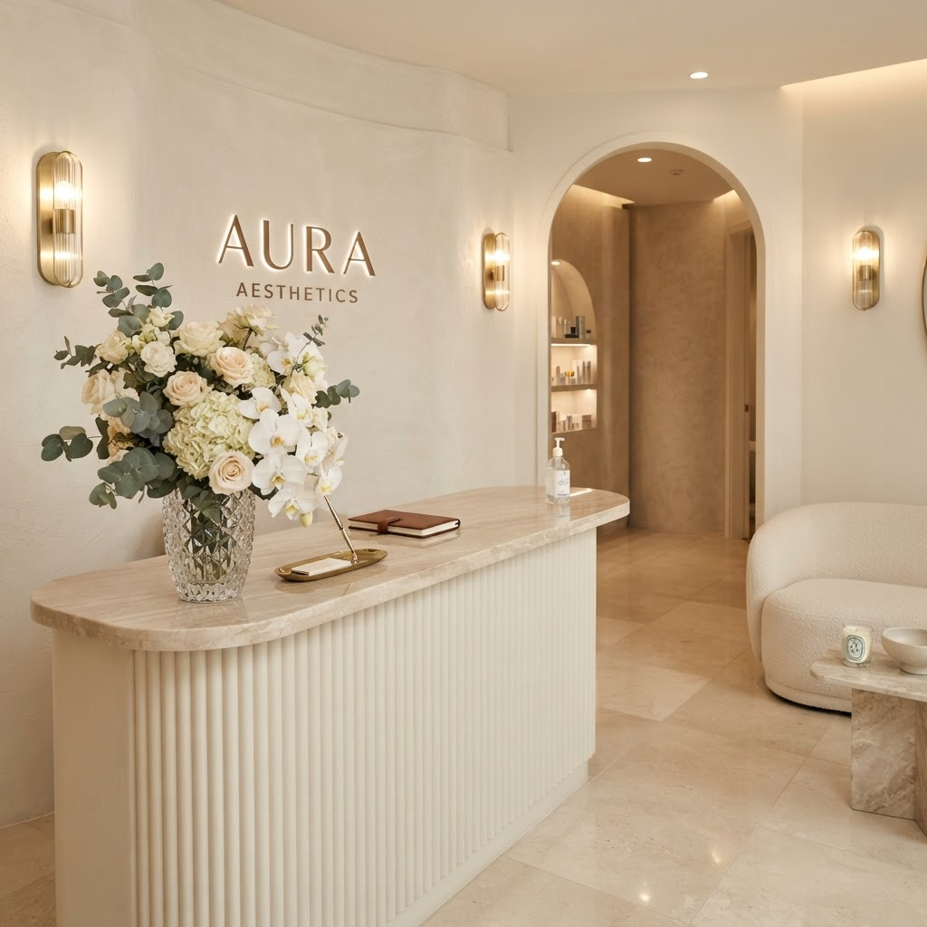 Elegant luxury med spa reception with marble surfaces and warm lighting